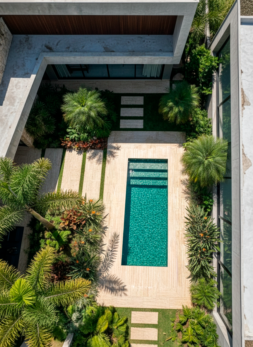 Vista aérea de piscina pastilhada verde em jardim tropical